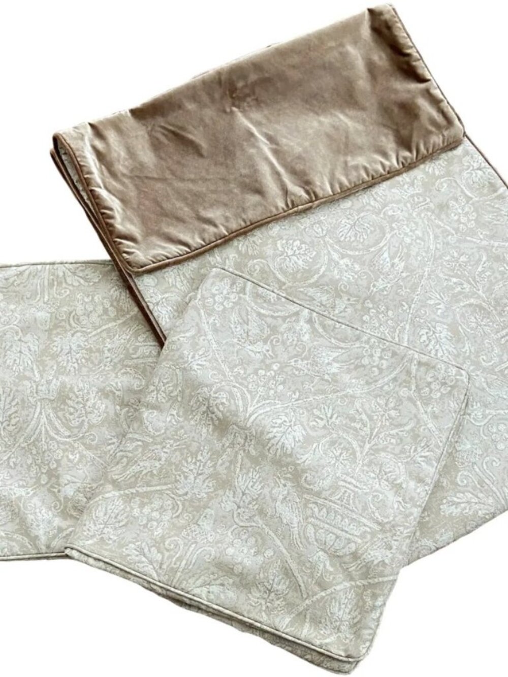 Two Cream and Taupe Jab Damask Fabric King Shams With Matching Bed Scarf